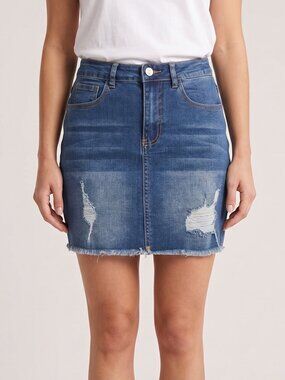 Distressed Medium Wash Denim Raw Hem Mini Skirt Jean Skirt | Small